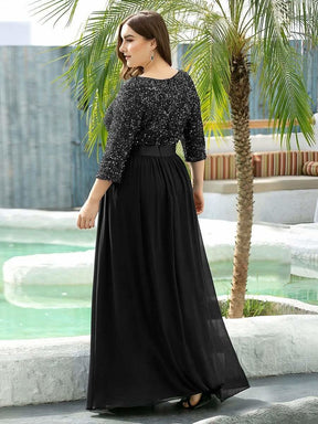Größe Nach Maß Elegantes Rundhalsausschnitt 3/4 Aermel Pailletten Patchwork Abendkleid 00683
