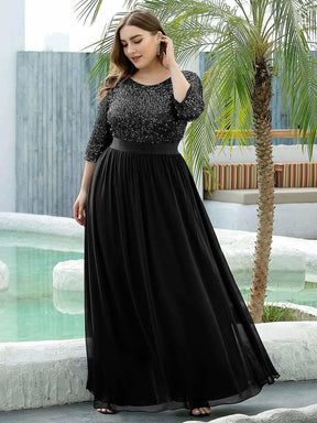 Größe Nach Maß Elegantes Rundhalsausschnitt 3/4 Aermel Pailletten Patchwork Abendkleid 00683