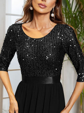 Größe Nach Maß Elegantes Rundhalsausschnitt 3/4 Aermel Pailletten Patchwork Abendkleid 00683