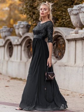 Größe Nach Maß Elegantes Rundhalsausschnitt 3/4 Aermel Pailletten Patchwork Abendkleid 00683