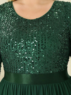 Größe Nach Maß Elegantes Rundhalsausschnitt 3/4 Aermel Pailletten Patchwork Abendkleid 00683