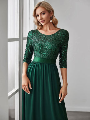 Größe Nach Maß Elegantes Rundhalsausschnitt 3/4 Aermel Pailletten Patchwork Abendkleid 00683