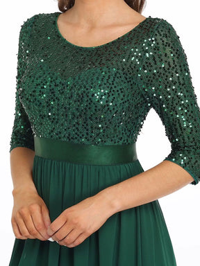 Größe Nach Maß Elegantes Rundhalsausschnitt 3/4 Aermel Pailletten Patchwork Abendkleid 00683