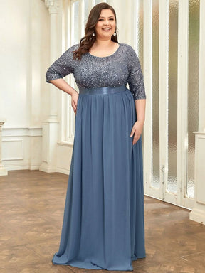 Größe Nach Maß Elegantes Rundhalsausschnitt 3/4 Aermel Pailletten Patchwork Abendkleid 00683