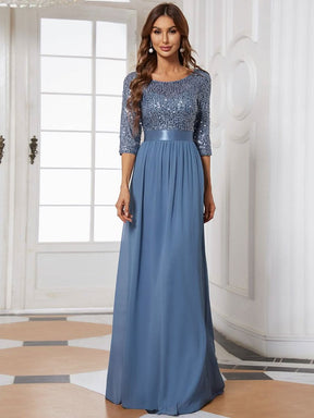 Größe Nach Maß Elegantes Rundhalsausschnitt 3/4 Aermel Pailletten Patchwork Abendkleid 00683