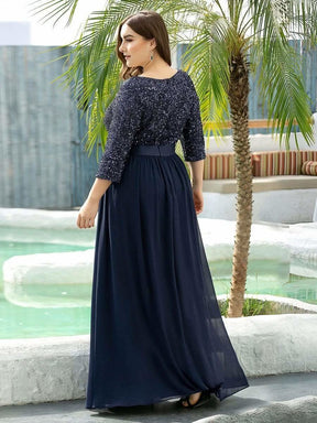 Größe Nach Maß Elegantes Rundhalsausschnitt 3/4 Aermel Pailletten Patchwork Abendkleid 00683
