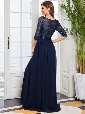 Größe Nach Maß Elegantes Rundhalsausschnitt 3/4 Aermel Pailletten Patchwork Abendkleid 00683