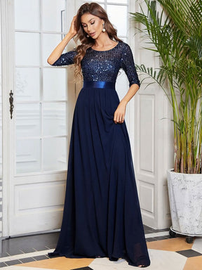 Größe Nach Maß Elegantes Rundhalsausschnitt 3/4 Aermel Pailletten Patchwork Abendkleid 00683