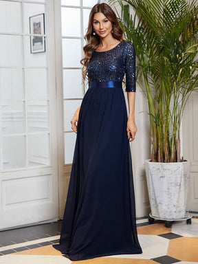Größe Nach Maß Elegantes Rundhalsausschnitt 3/4 Aermel Pailletten Patchwork Abendkleid 00683