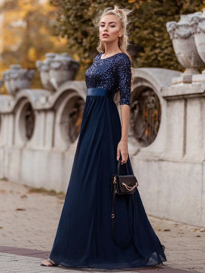Größe Nach Maß Elegantes Rundhalsausschnitt 3/4 Aermel Pailletten Patchwork Abendkleid 00683