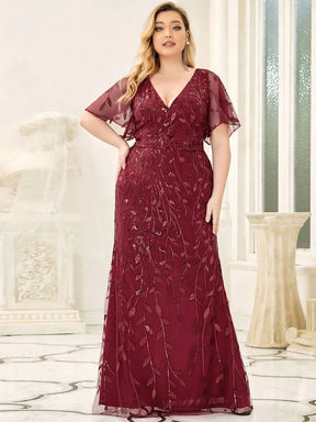 Color=Burgundy | Frauen V-Ausschnitt Funkelnde Stickerei Meerjungfrau Abend Partykleid 00692-Burgundy 6