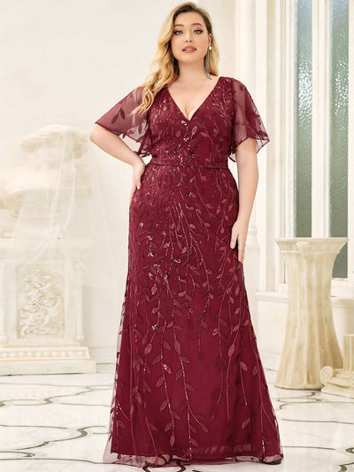 Color=Burgundy | Plus Size Frauen V-Ausschnitt Funkelnde Stickerei Meerjungfrau Abend Partykleid 00692-Burgundy 1