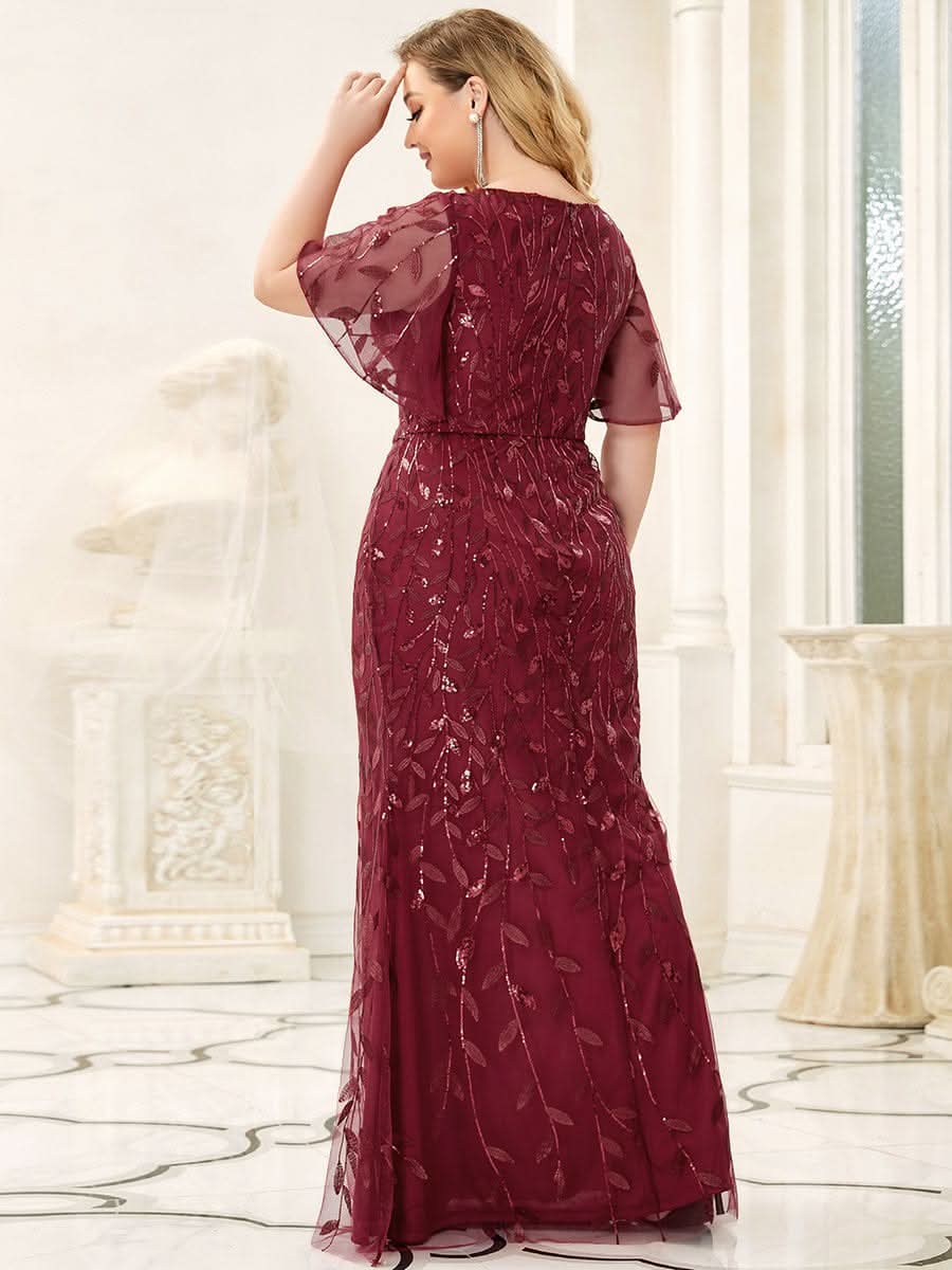 Color=Burgundy | Plus Size Frauen V-Ausschnitt Funkelnde Stickerei Meerjungfrau Abend Partykleid 00692-Burgundy 2