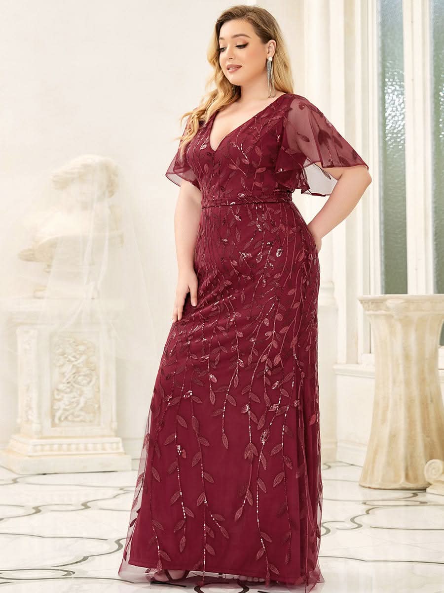 Color=Burgundy | Plus Size Frauen V-Ausschnitt Funkelnde Stickerei Meerjungfrau Abend Partykleid 00692-Burgundy 3