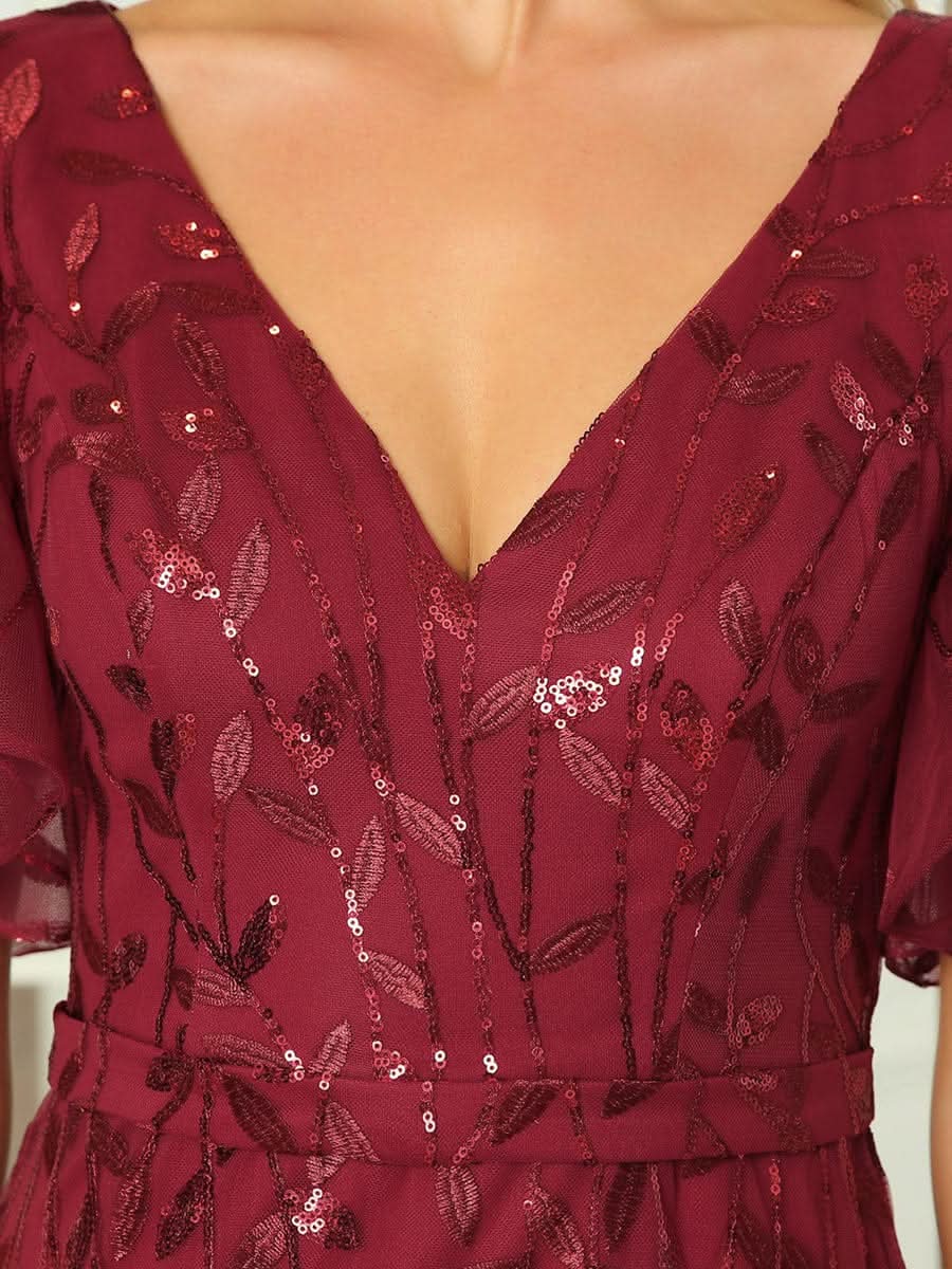 Color=Burgundy | Frauen V-Ausschnitt Funkelnde Stickerei Meerjungfrau Abend Partykleid 00692-Burgundy 5
