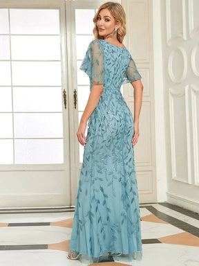 Color=Dusty Blau | Frauen V-Ausschnitt Funkelnde Stickerei Meerjungfrau Abend Partykleid 00692-Dusty Blau 2