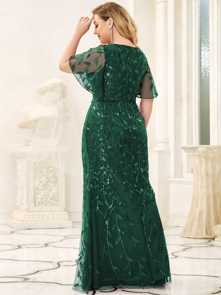 Color=Dark Green | Plus Size Frauen V-Ausschnitt Funkelnde Stickerei Meerjungfrau Abend Partykleid 00692-Dark Green 2