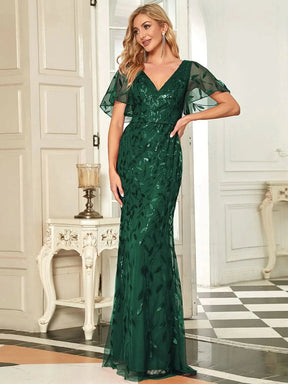 Color=Dark Green | Frauen V-Ausschnitt Funkelnde Stickerei Meerjungfrau Abend Partykleid 00692-Dark Green 4