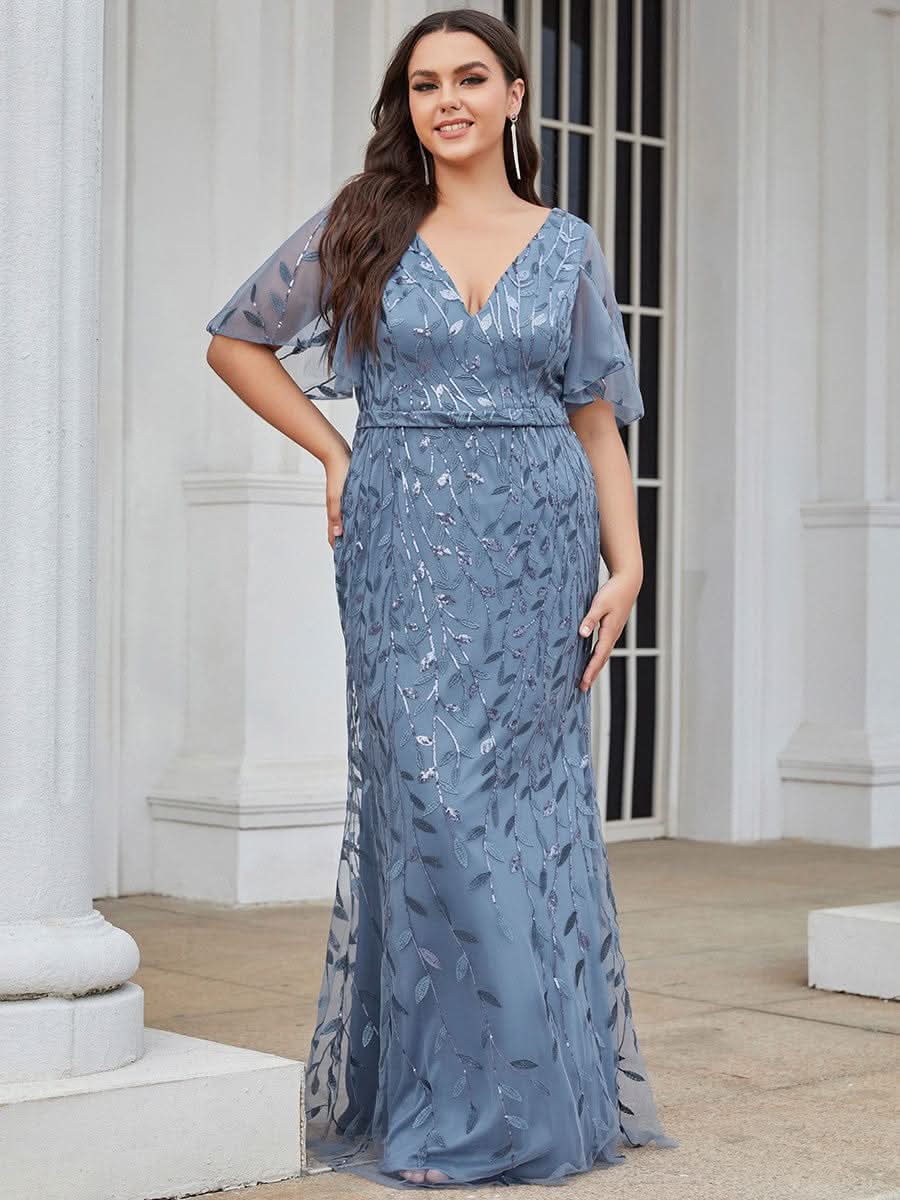 Color=Dusty Navy | Frauen V-Ausschnitt Funkelnde Stickerei Meerjungfrau Abend Partykleid 00692-Dusty Navy 6