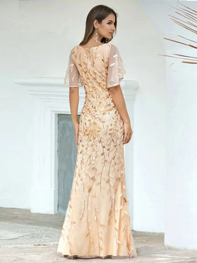 Color=Gold | Frauen V-Ausschnitt Funkelnde Stickerei Meerjungfrau Abend Partykleid 00692-Gold 2