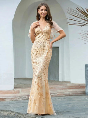 Color=Gold | Frauen V-Ausschnitt Funkelnde Stickerei Meerjungfrau Abend Partykleid 00692-Gold 3