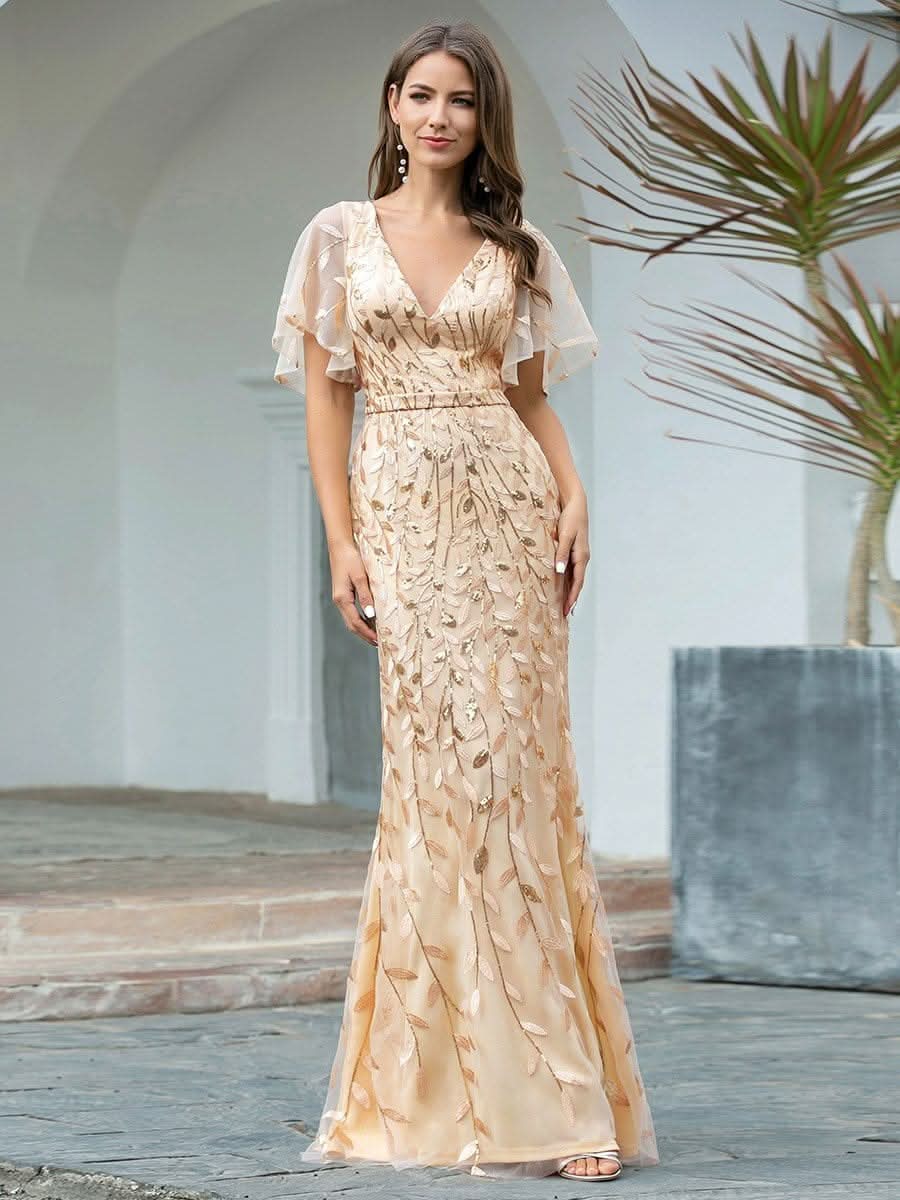 Color=Gold | Frauen V-Ausschnitt Funkelnde Stickerei Meerjungfrau Abend Partykleid 00692-Gold 1
