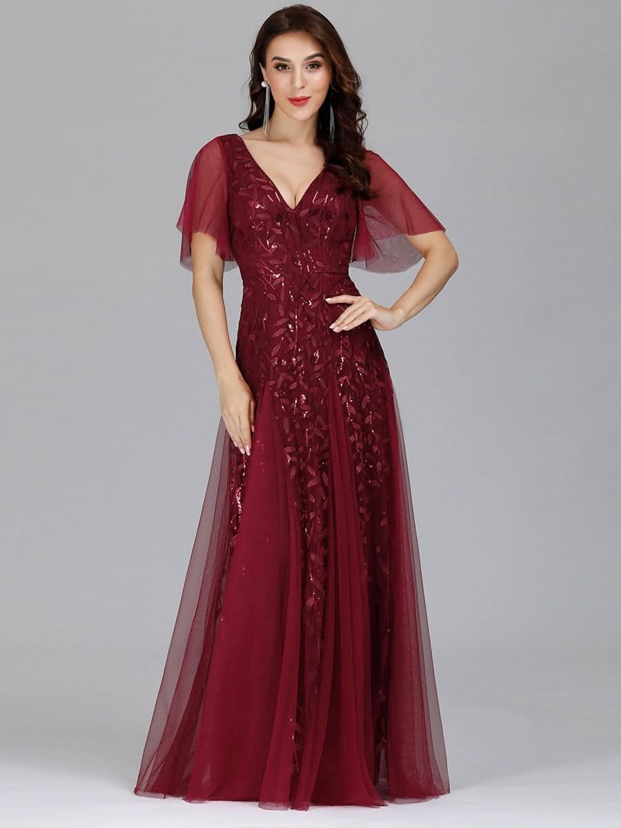 Robe D'invité De Mariage En Mousseline De Soie Mi-Longue Plissée à Manches à Volants Et Col En V  #farbe_Burgundy