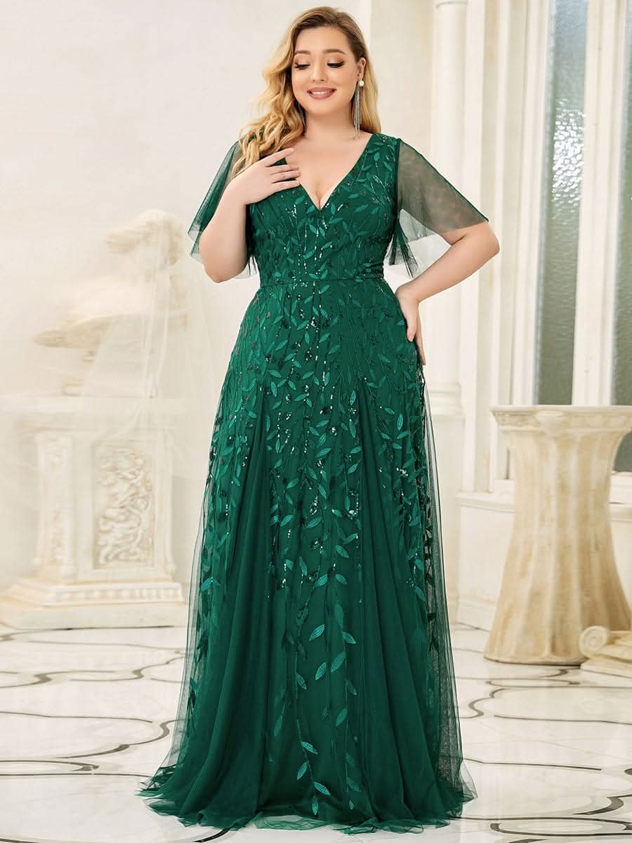 Robe D'invité De Mariage En Mousseline De Soie Mi-Longue Plissée à Manches à Volants Et Col En V  #farbe_Dark Green