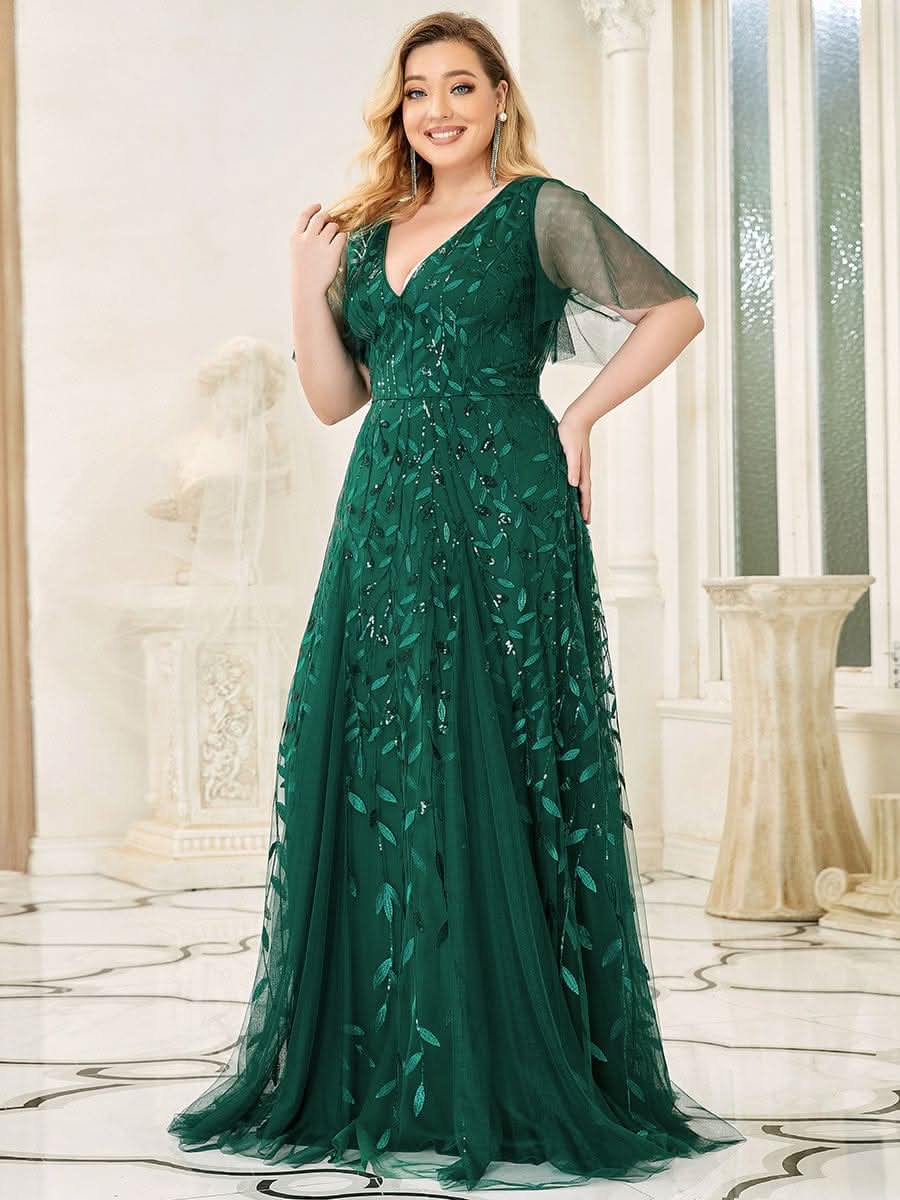 Color=Dark Green | Plus Size Romantisch Schimmernde Rueschenaermel V-Ausschnitt Lange Abendkleider-Dark Green 3