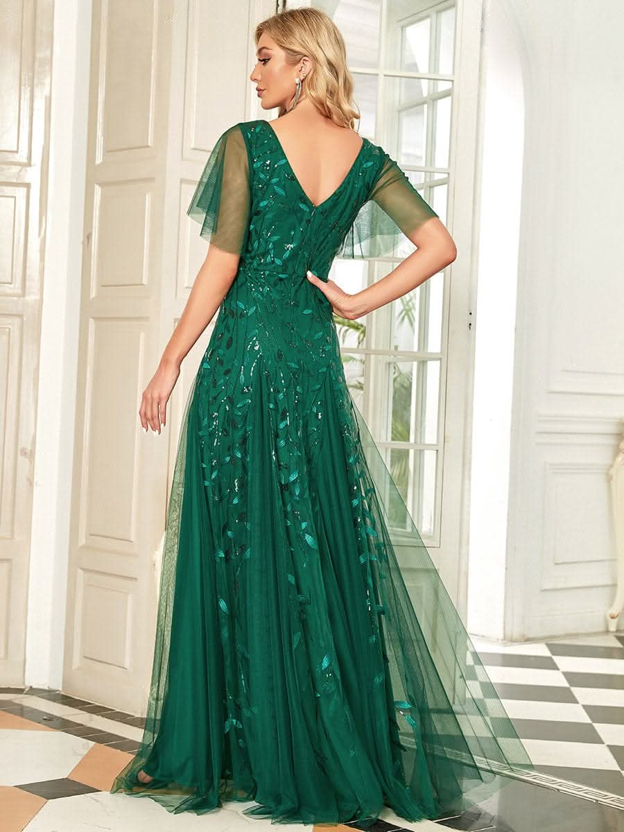 Robe D'invité De Mariage En Mousseline De Soie Mi-Longue Plissée à Manches à Volants Et Col En V  #farbe_Dark Green