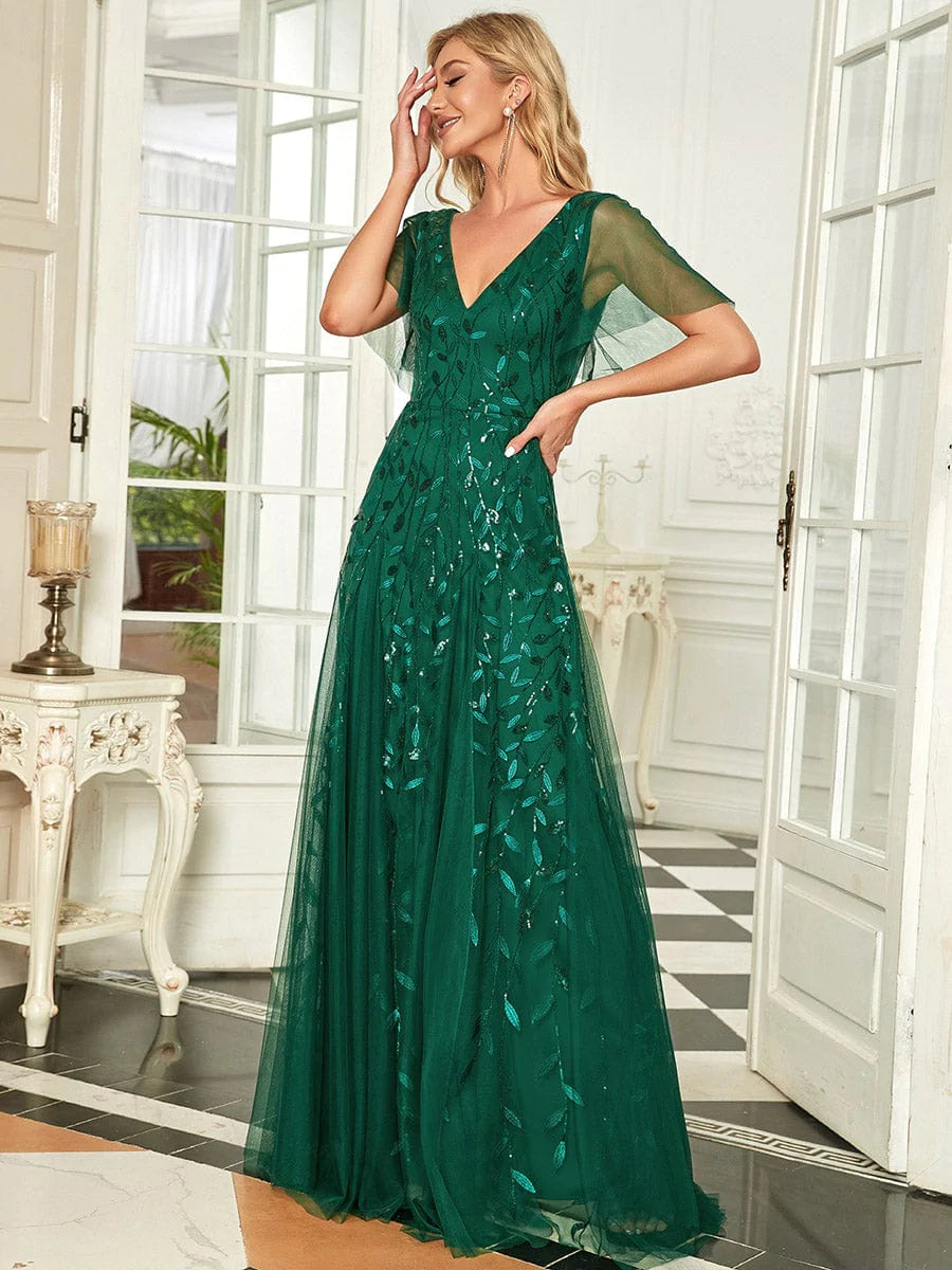 Color=Dark Green | Romantisch Schimmernde Rueschenaermel Maxi Abendkleider Mit V-Ausschnitt-Dark Green 3