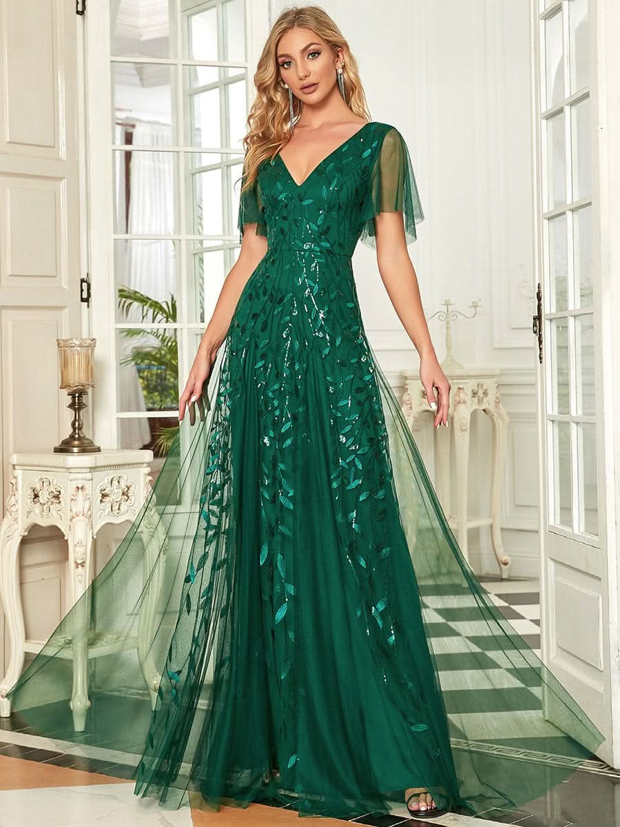 Robe D'invité De Mariage En Mousseline De Soie Mi-Longue Plissée à Manches à Volants Et Col En V  #farbe_Dark Green