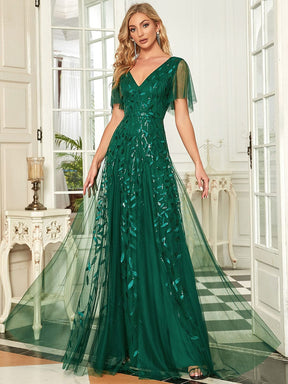 Color=Dark Green | Romantisch Schimmernde Rueschenaermel Maxi Abendkleider Mit V-Ausschnitt-Dark Green 4