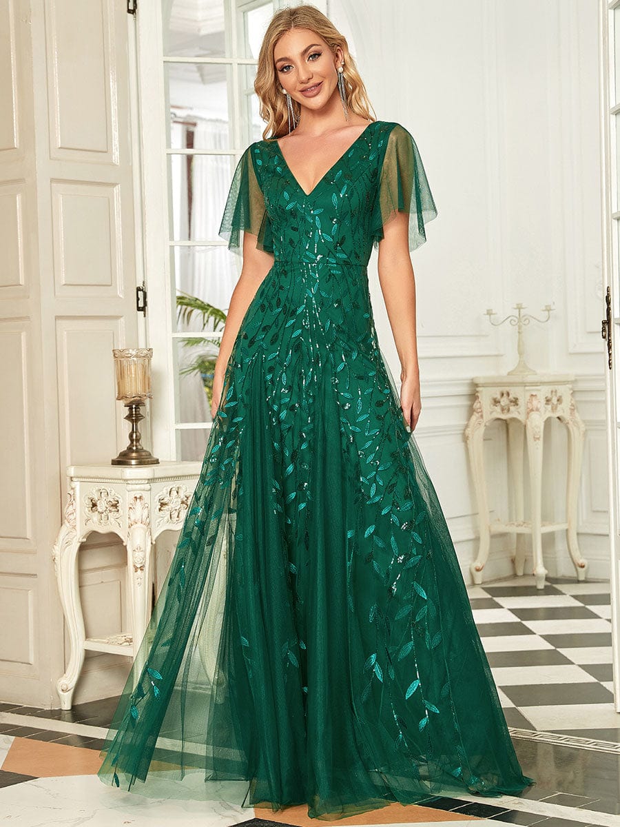 Color=Dark Green | Romantisch Schimmernde Rueschenaermel Maxi Abendkleider Mit V-Ausschnitt-Dark Green 1