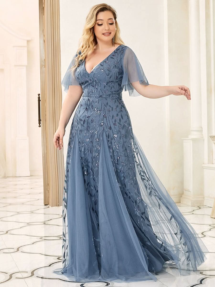 Color=Dusty Navy | Plus Size Romantisch Schimmernde Rueschenaermel V-Ausschnitt Lange Abendkleider-Dusty Navy 4