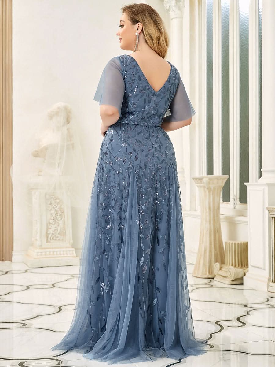 Color=Dusty Navy | Plus Size Romantisch Schimmernde Rueschenaermel V-Ausschnitt Lange Abendkleider-Dusty Navy 2