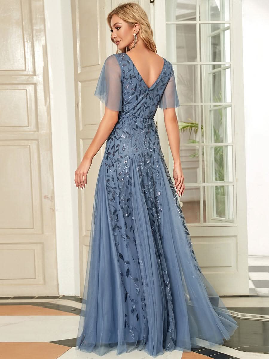 Robe D'invité De Mariage En Mousseline De Soie Mi-Longue Plissée à Manches à Volants Et Col En V  #farbe_Dusty Navy
