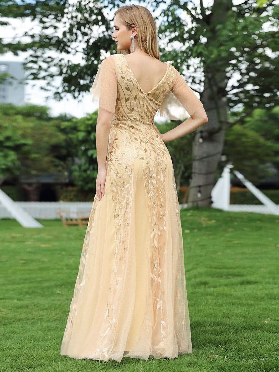 Robe D'invité De Mariage En Mousseline De Soie Mi-Longue Plissée à Manches à Volants Et Col En V  #farbe_Gold