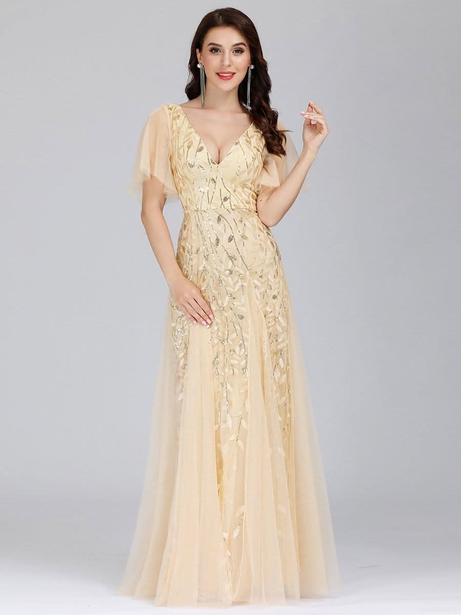 Robe D'invité De Mariage En Mousseline De Soie Mi-Longue Plissée à Manches à Volants Et Col En V  #farbe_Gold