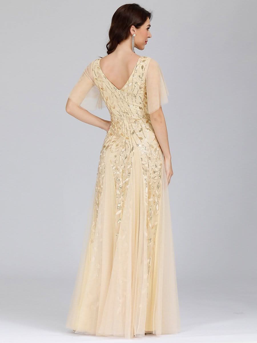 Robe D'invité De Mariage En Mousseline De Soie Mi-Longue Plissée à Manches à Volants Et Col En V  #farbe_Gold