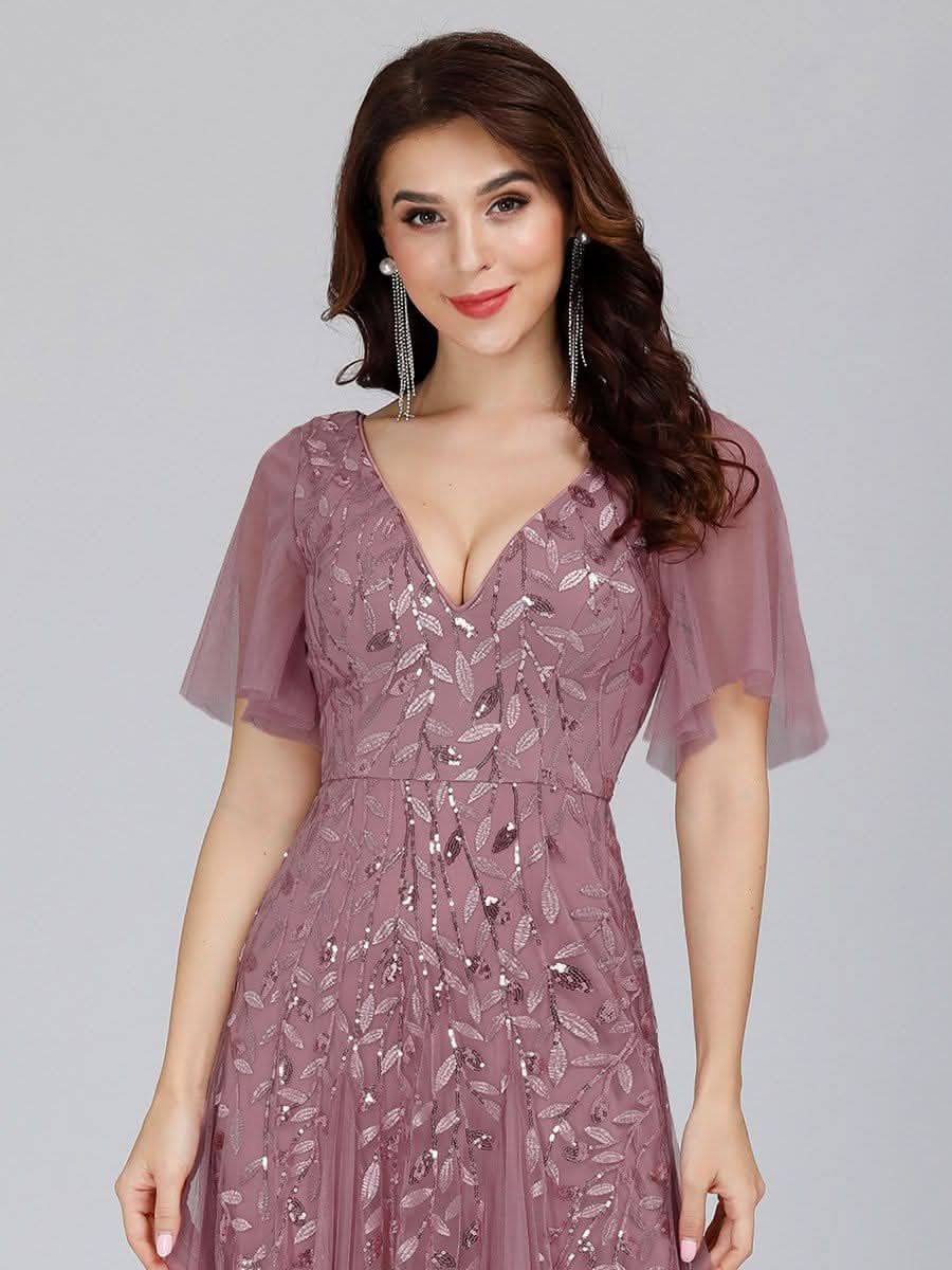 Robe D'invité De Mariage En Mousseline De Soie Mi-Longue Plissée à Manches à Volants Et Col En V  #farbe_Orchid