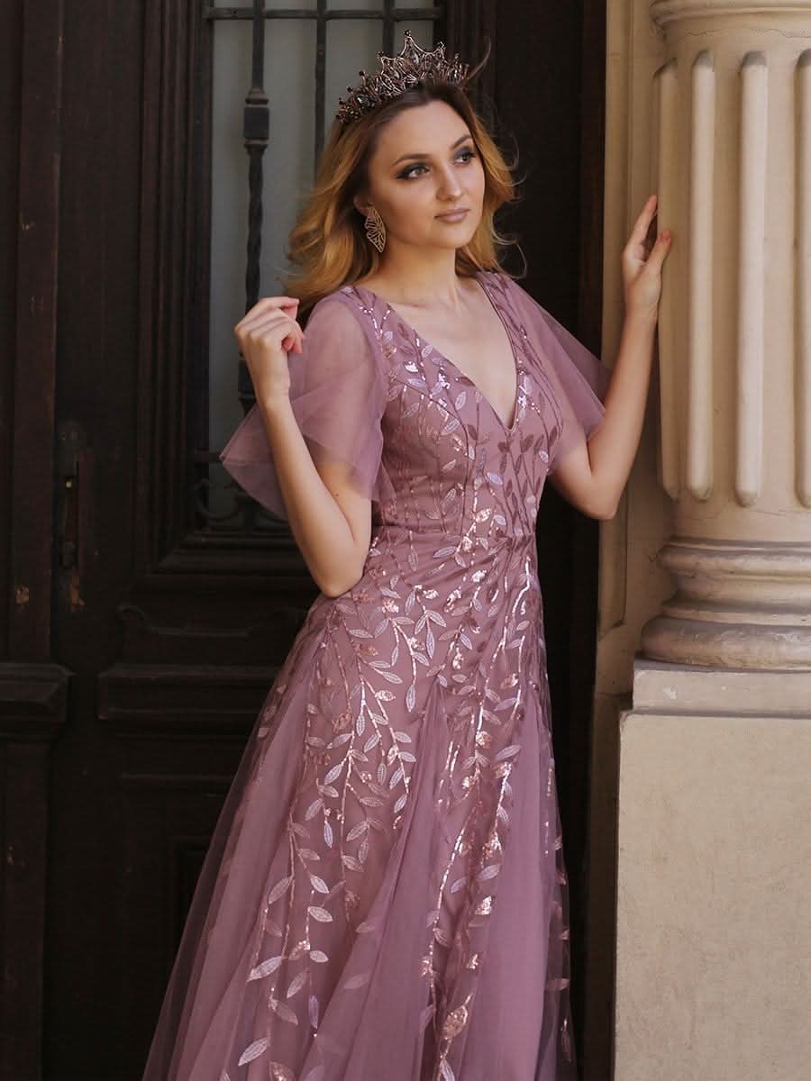 Robe D'invité De Mariage En Mousseline De Soie Mi-Longue Plissée à Manches à Volants Et Col En V  #farbe_Orchid