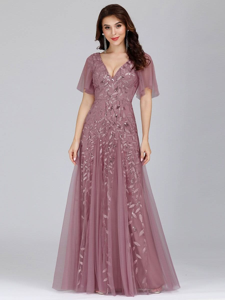 Robe D'invité De Mariage En Mousseline De Soie Mi-Longue Plissée à Manches à Volants Et Col En V  #farbe_Orchid