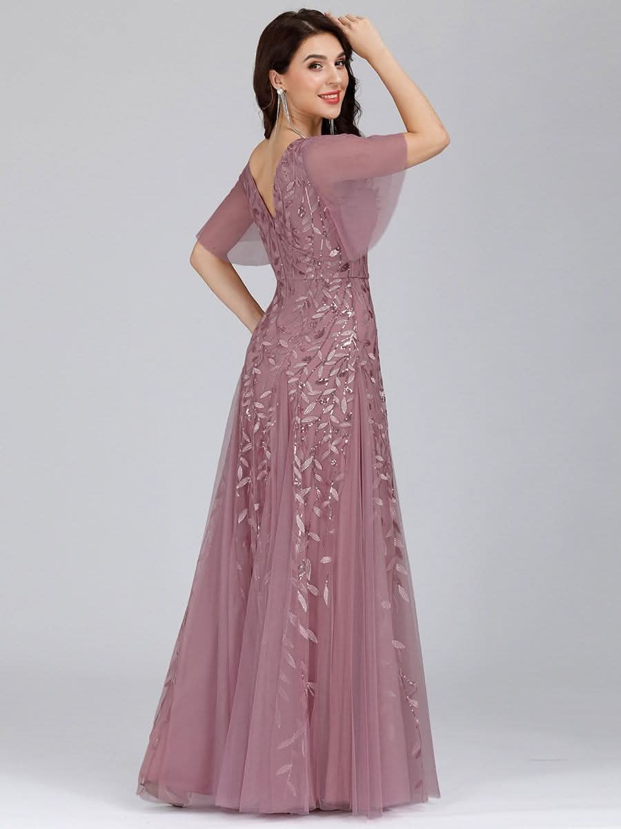Robe D'invité De Mariage En Mousseline De Soie Mi-Longue Plissée à Manches à Volants Et Col En V  #farbe_Orchid
