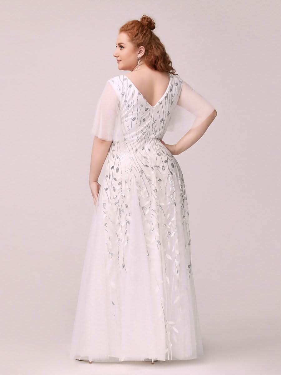 Robe D'invité De Mariage En Mousseline De Soie Mi-Longue Plissée à Manches à Volants Et Col En V  #farbe_Weiss