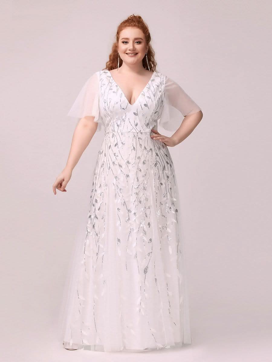 Color=Weiss | Plus Size Romantisch Schimmernde Rueschenaermel V-Ausschnitt Lange Abendkleider-Weiss1