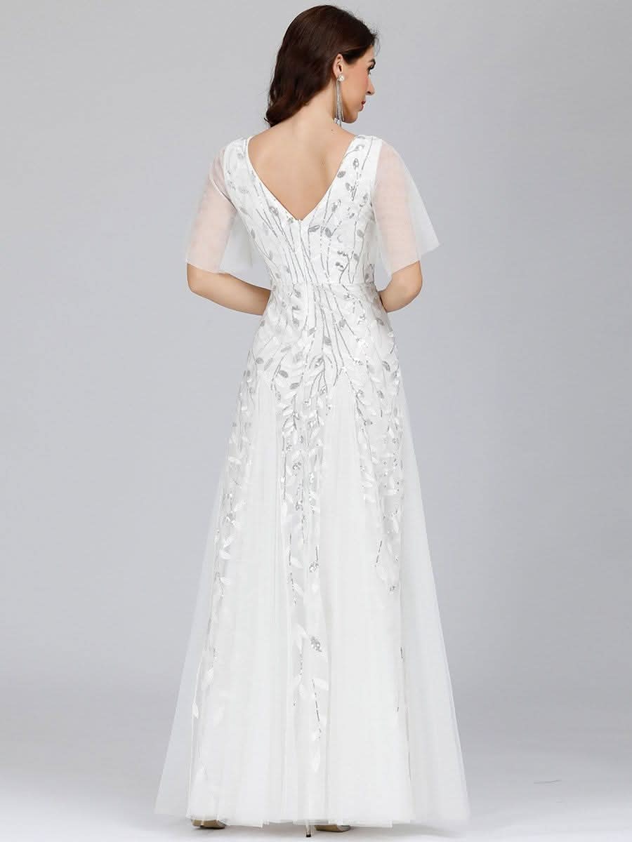 Robe D'invité De Mariage En Mousseline De Soie Mi-Longue Plissée à Manches à Volants Et Col En V  #farbe_Weiss