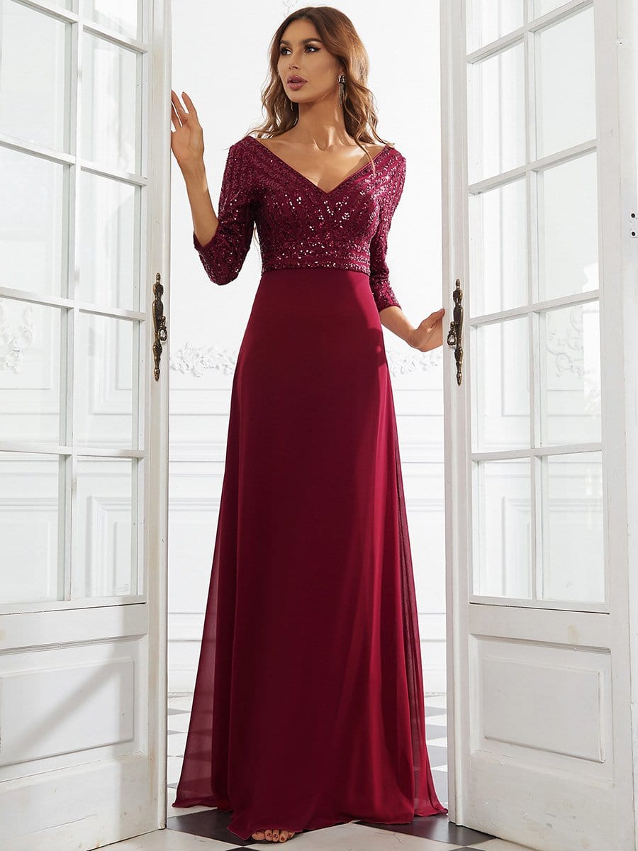 Größe Nach Maß Sexy V-Ausschnitt A-Linie Pailletten Abendkleid 00751 #farbe_Burgundy