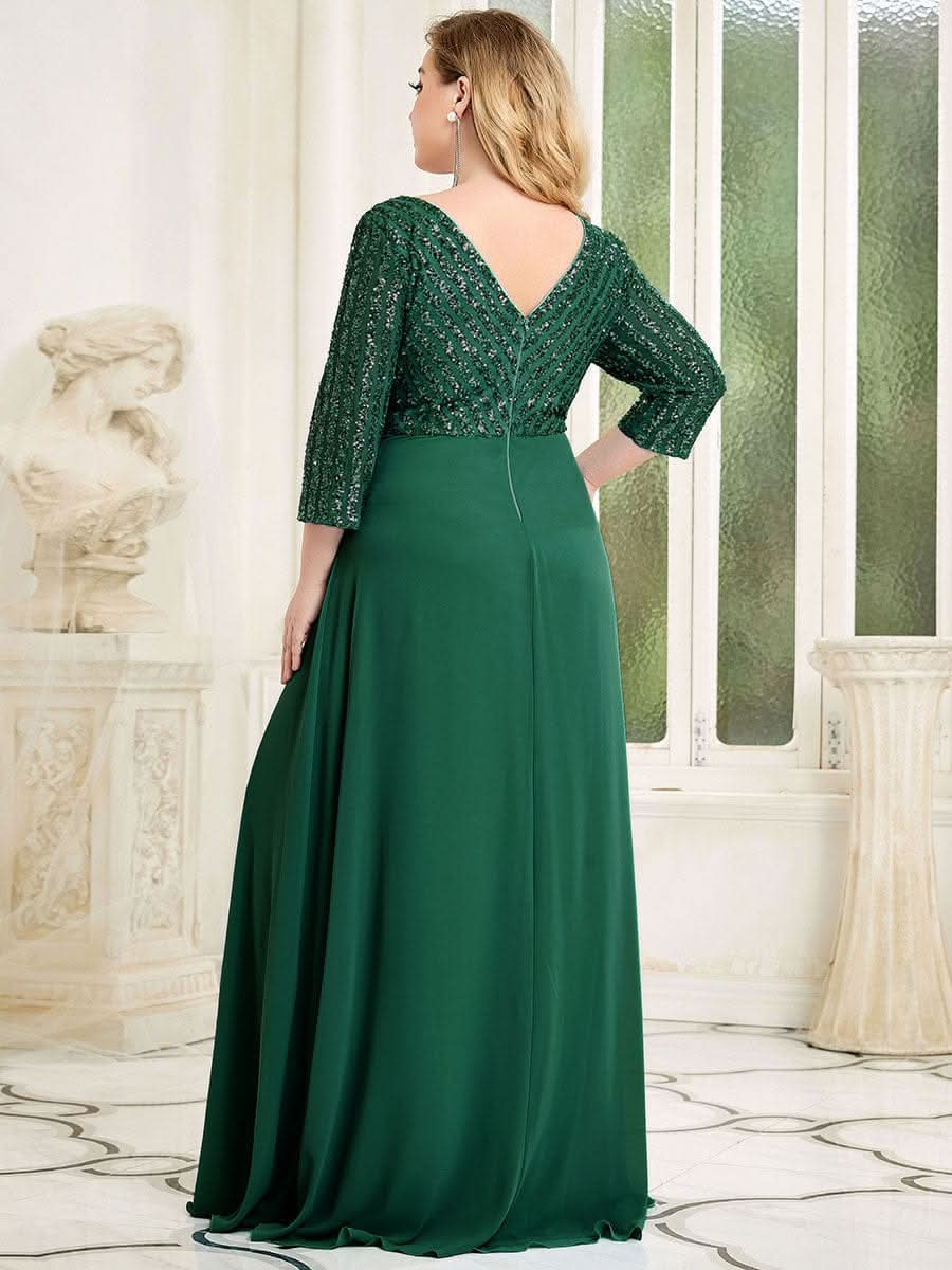 Color=Dunkel Gruen | Plus Size Sexy V-Ausschnitt A-Linie Pailletten Abendkleid-Dunkel Gruen 2