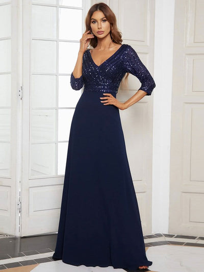 Color=Navy Blau | Sexy V-Ausschnitt A-Linie Pailletten Abendkleid-Navy Blau 1